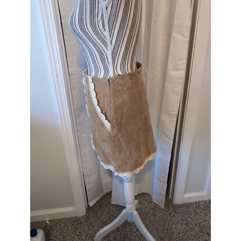 NEW Maje Tan Leather‎ Suede Skirt w/ Crochet Lace Trim Accents Pockets Size 8/38 - Picture 7 of 11